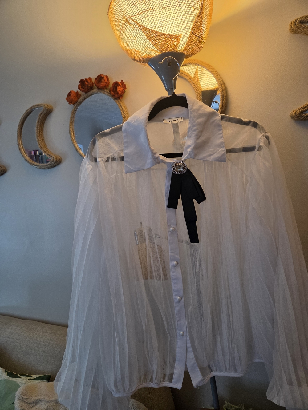 White Tulle Shirt Dress with Black Bow for Kids